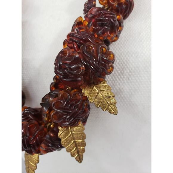 Vintage Celluloid Plastic Faux Tortoise Shell Leaf Flower Bloom Bead Necklace - Picture 2 of 9